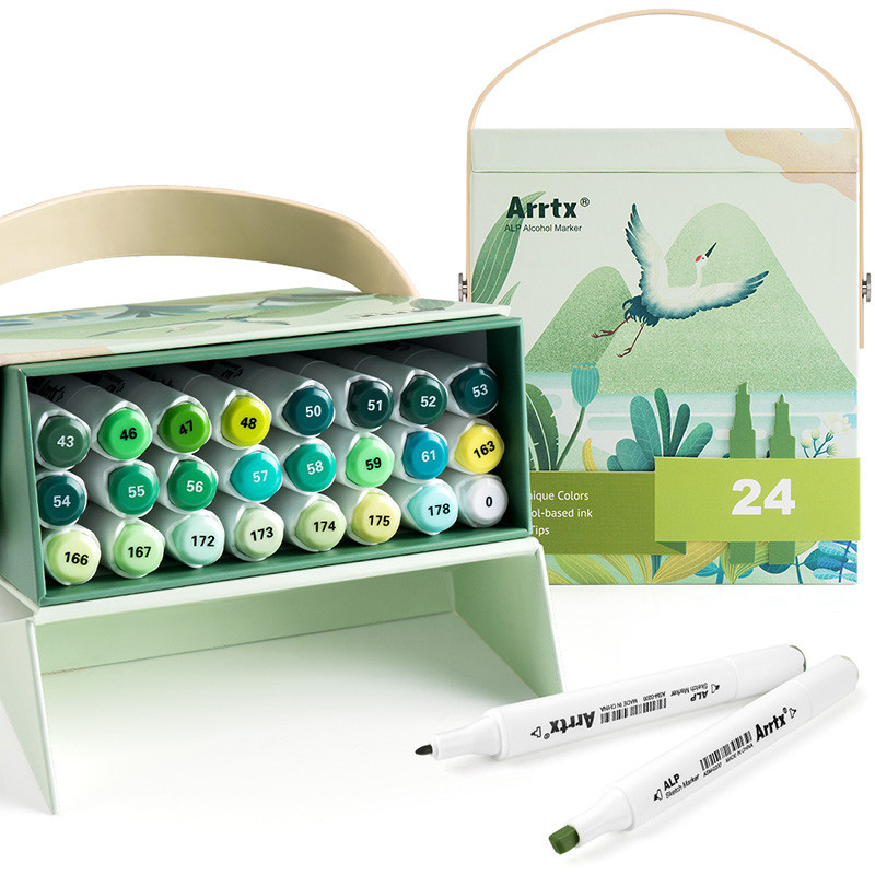 Double-sided markers - felt-tip pens ARRTX Alp, 24 colors, shades of green