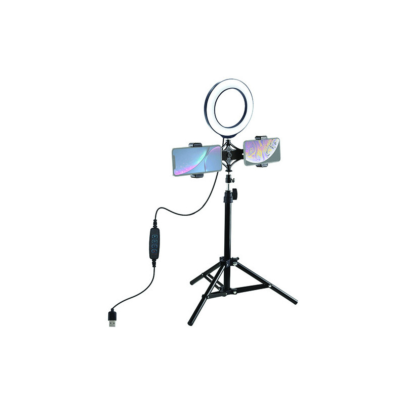 LED ring light 16cm, with tripod stand up to 70cm and double phone holder, USB