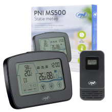 PNI MS500 weather station with wireless external sensor, displays indoor and outdoor temperature and humidity, memory of