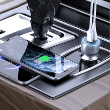 „Dudao R4Ultra“ 120 W greito įkrovimo LED automobilinis įkroviklis su maitinimo šaltiniu, USB-A ir USB-C – pilkas