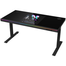 Dual-motor sit / stand adjustable-height gaming desk with built-in PC case, wireless charger, RGB lighting, control pane