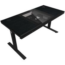 Dual-motor sit / stand adjustable-height gaming desk with built-in PC case, wireless charger, RGB lighting, control pane