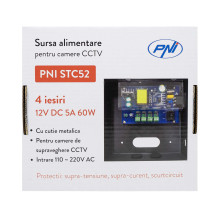 CCTV power supply PNI STC52 12V, 5A, 60W, 4 outputs, in metal box