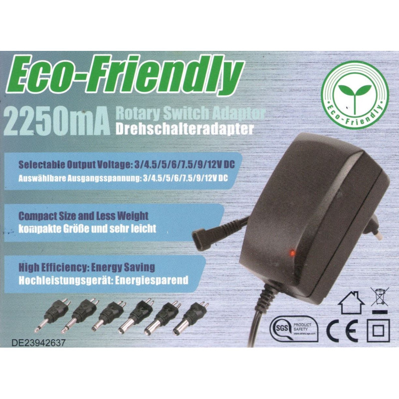 3V-12V universalus maitinimo šaltinis 2250mA, 6 tipų kištukai, 2.25A, 27W, MWMD25EU / 6XC Minwa