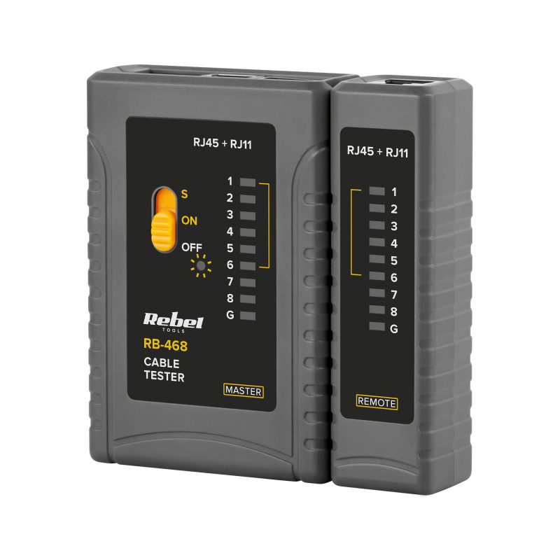 Telecommunications cable tester with LED indication, RJ11, RJ12 and RJ45 connectors