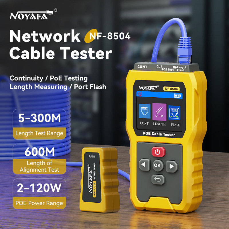 CAT5 / CAT6 testeris, LCD ekranas, PoE testavimas, kabelių testavimas, ilgio matavimas, prievadų testavimas