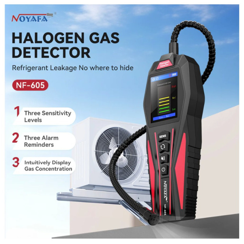 Halogen gas detector - accurate detection of refrigerant leaks with 360° probe and alarm