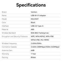 WRL ADAPTER USB 650MBPS / DUAL BAND KDTB0 VENTION