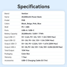 POWER BANK USB 20000MAH 22.5W / BEIGE FKBN0-C VENTION