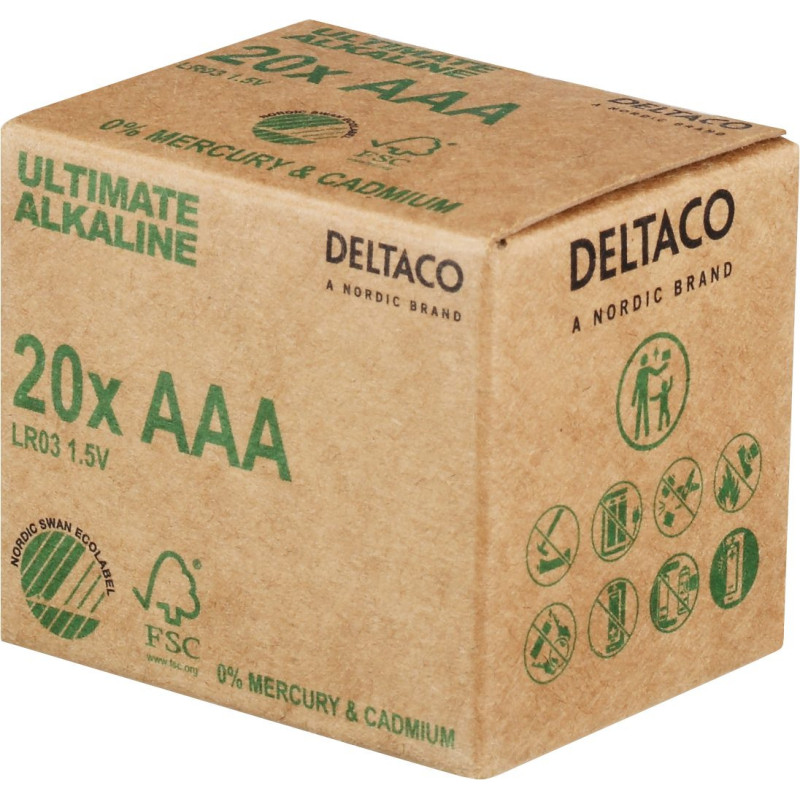 AAA LR03 baterijos 1,5 V „Deltaco Ultimate Alkaline“, pramoninė 20 vnt. pakuotė.