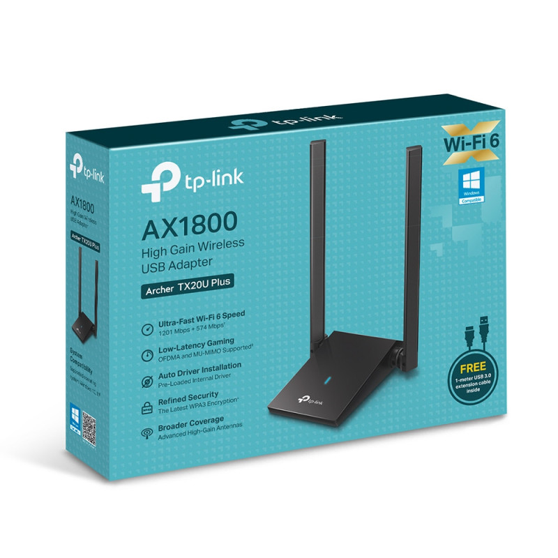 WiFi 6 USB adapter, AX1800, 1201 Mb/s 5GHz + 574 Mb/s 2.4GHz, Two Antennas, Archer TX20U Plus