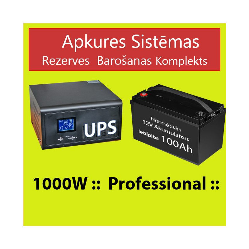 Komplekts: Profesionāls Invertors UPS apkures sistēmai 1000W + 12V 100Ah akum.