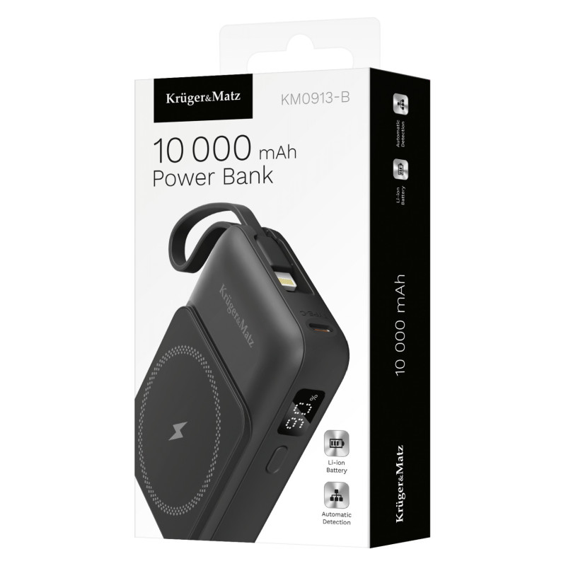 10,000 mAh charger-battery with wireless charging, iPhone 12+, Android, Lighting cable, LCD