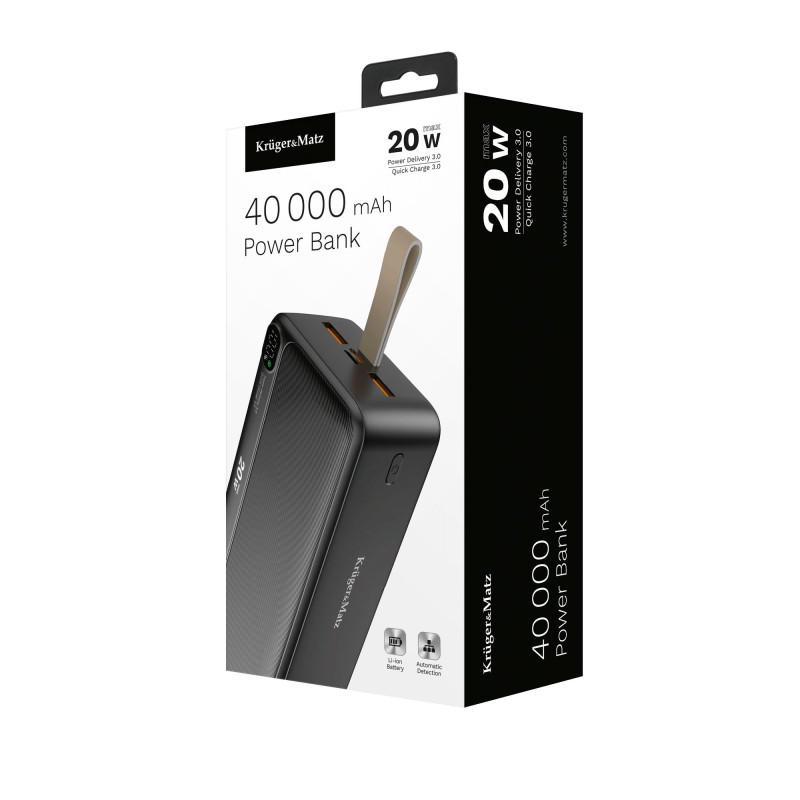 40 000 mAh įkroviklis – baterija, išorinė baterija, USB-C, micro USB, 2xUSB-A, greitas įkrovimas, LCD ekranas