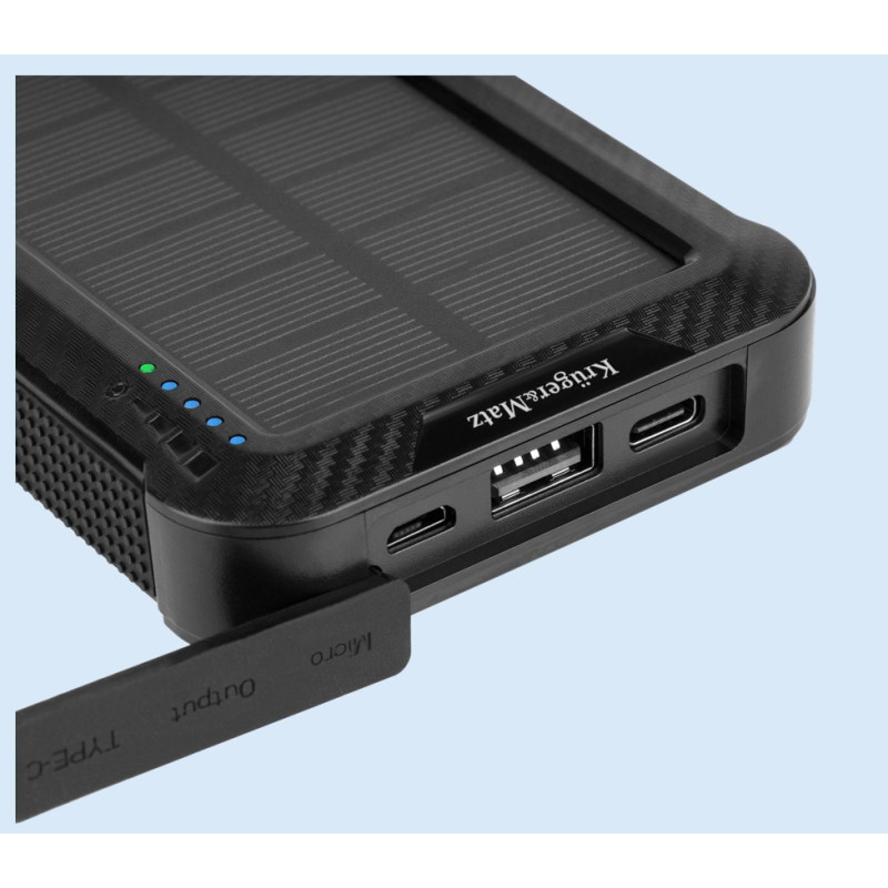 10 000 mAh saulės baterijomis maitinamas išorinis akumuliatorius su belaidžiu įkrovimu, žibintuvėliu ir integruotais lai