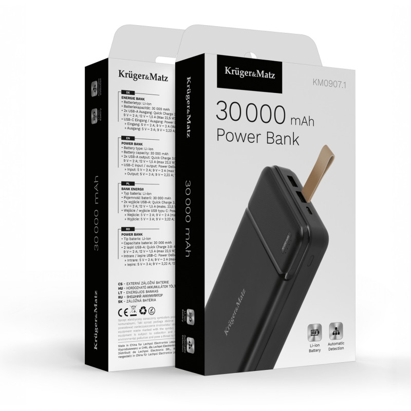 30,000 mAh Charger-Battery, Power Bank, Fast charging, USB-C, 2xUSB-A, QC 3.0, PD 3.0