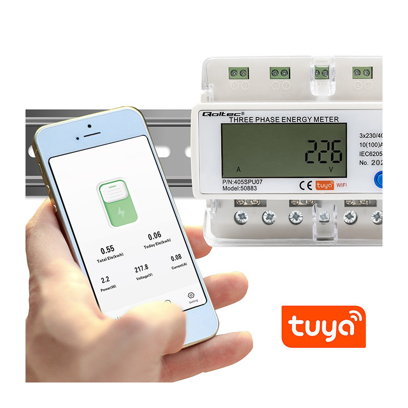 Wi-Fi three-phase electronic power meter, DIN rail, 400V, 100A, iOS, Android Tuya