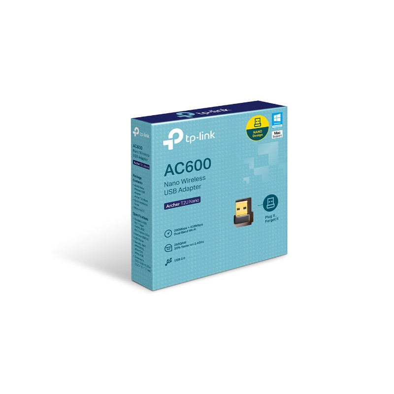Archer T2U Nano - fast AC600 USB Wi-Fi adapter with 2.4 / 5 GHz bands, up to 600 Mbps and secure WPA2