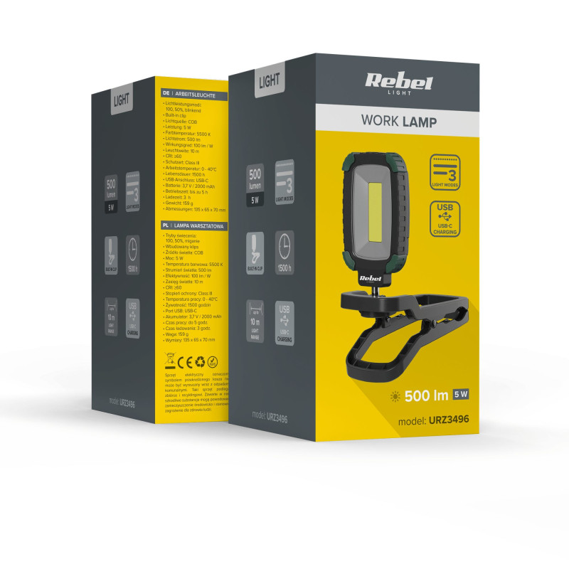 LED work lamp, USB-C charging, 2000 mAh battery, Operating time 5 h, Universal mount