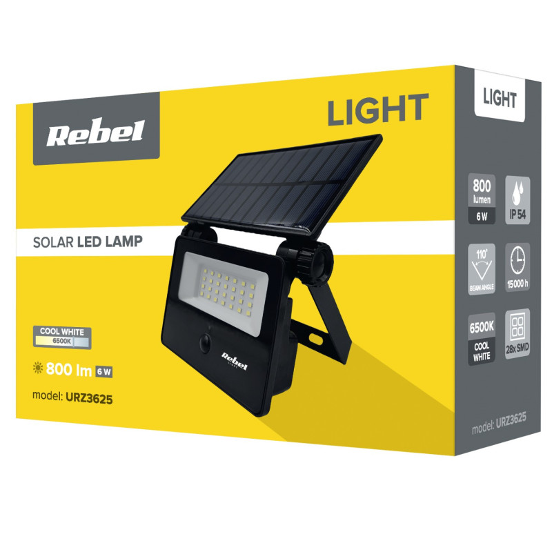 Prožektorius su saulės baterija ir baterija, judesio ir prieblandos jutikliu, 6 W, 800 lm, 6500 K, IP5