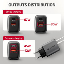 MOBILIOJO ĮKROVIKLIS SIENINIS USB 67W / GAN 2 PRIEVADŲ ACU-PQ67D AXAGON