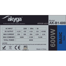 Power Supply - Akyga AK-B1 600 W 20+4 Pin ATX Gray