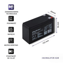 Battery - Qoltec 12V 9Ah AGM, Black Battery - Qoltec 12V 9Ah AGM, Black