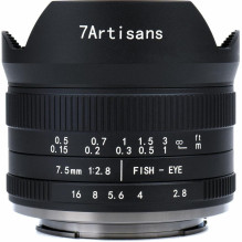Platus kampas - 7Artisans 7.5mm F2.8 II M43 180° matymo kampas