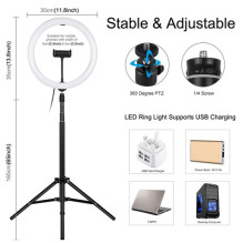LED Žiedinė Lempa - 30cm su Stovu 1.65m, Telefono Laikikliu, USB Maitinimu