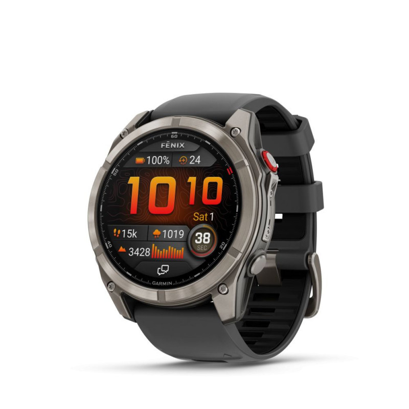 „Garmin Fenix 8 Pro“ – 51 mm, AMOLED, safyro spalvos, titano spalvos su grafito / juodo silikono dirželiu sportinis laik