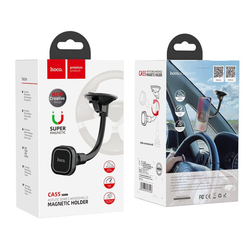 Automobilinis universalus telefono laikiklis HOCO (CA55) Astute tvirtinamas ant stiklo, magnetinis juodas
