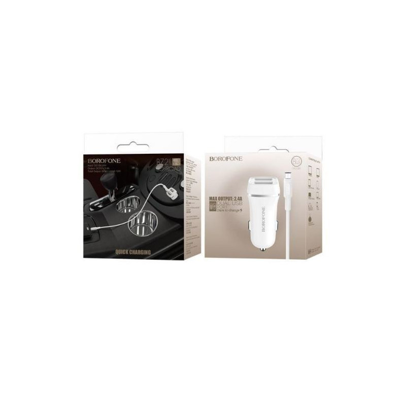 Įkroviklis automobilinis BOROFONE BZ2 Dual USB + microUSB laidas 12W (5V 2.4A) baltas
