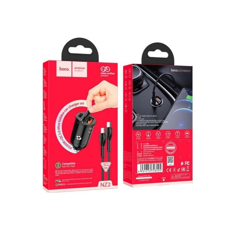 Car charger Hoco NZ2 (1xUSB 1xUSB-C 30W) + cable "USB-C(Type-C) to Lightning" black