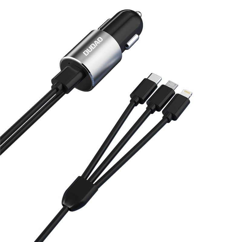 Įkroviklis automobilinis Dudao R5 (1xUSB 3.4A) + 3in1 laidas lightning+micro+type-C juodas