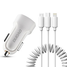 Įkroviklis automobilinis Dudao R7 (2xUSB 2.4A) + 3in1 laidas lightning+micro+type-C baltas