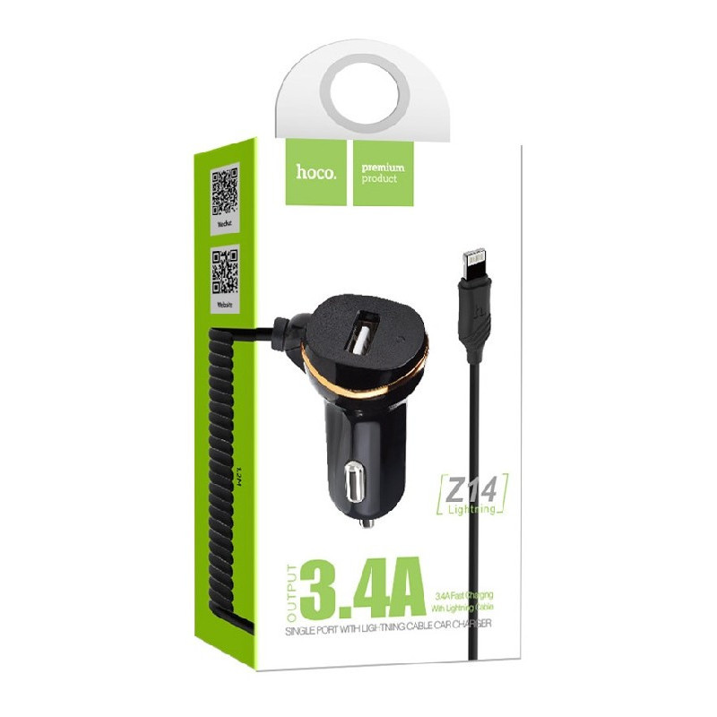 Įkroviklis automobilinis HOCO Z14 USB + "lightning" (5V 3.1A) juodas