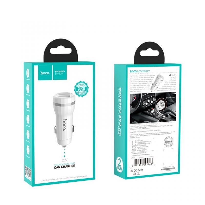 Įkroviklis automobilinis HOCO Z27 USB + "lightning" (5V 2.4A) baltas