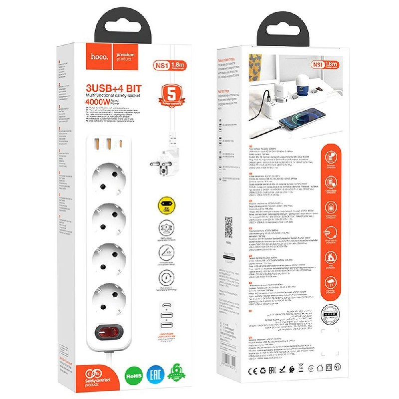 Charger-power strip HOCO NS1 (2xUSB 1xUSB-C 4xEU socket 3A 20W) white