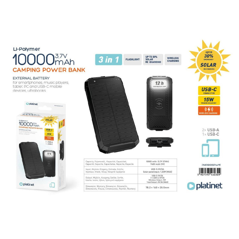 Išorinė baterija POWER BANK PLATINET SOLAR 10000mAh (2xUSB 1xUSB-C 3A) juoda