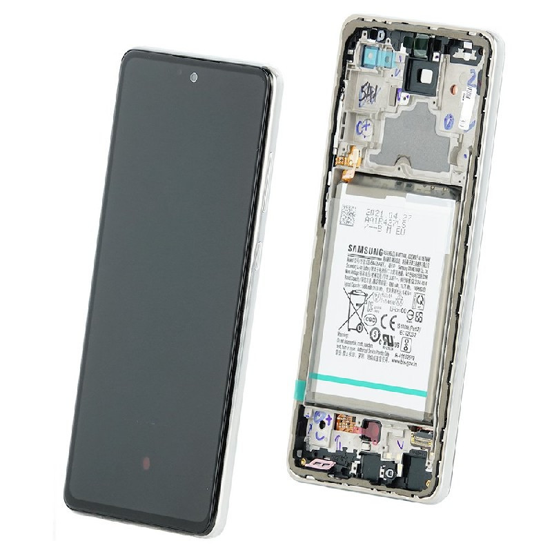 Ekranas Samsung A725 / A726 A72 4G / 5G su lietimui jautriu stikliuku ir rėmeliu ir baterija White originalus (service p