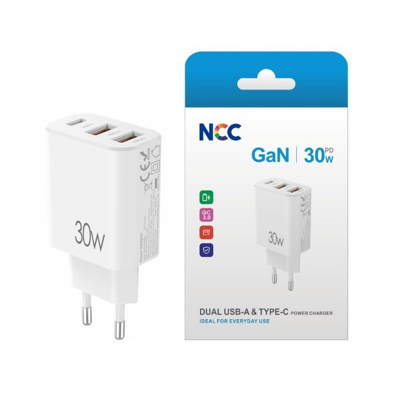 Įkroviklis NCC (1xUSB-C 2xUSB 30W) baltas