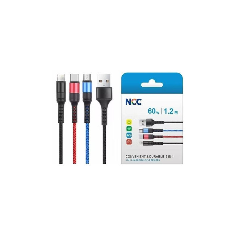 USB kabelis NCC "lightning+micro+USB-C" (60W) 1m juodas