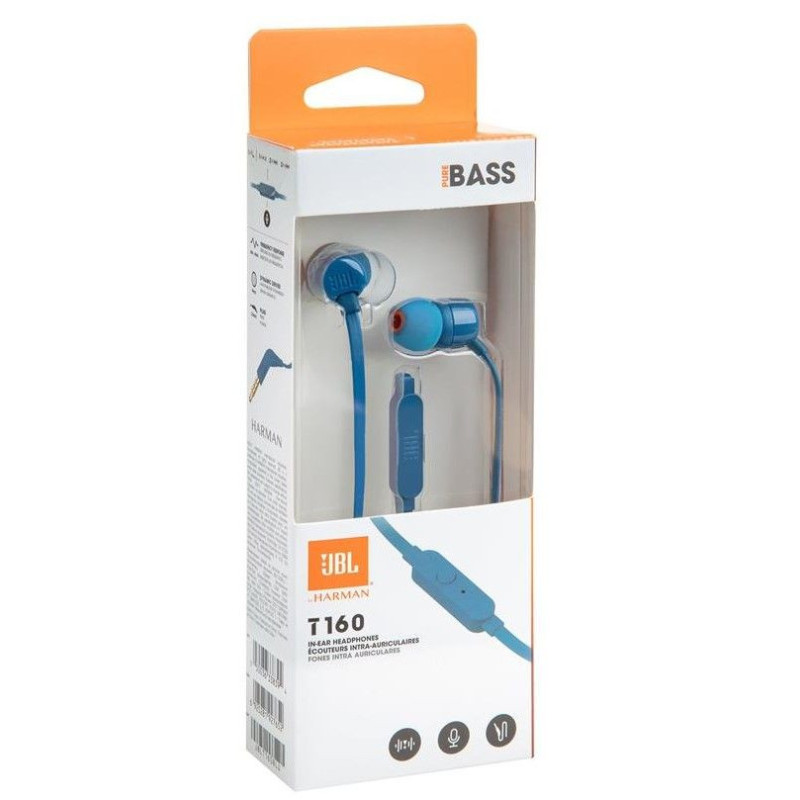 JBL T160 į ausis įdedamos ausinės, 3,5 mm, mėlynos