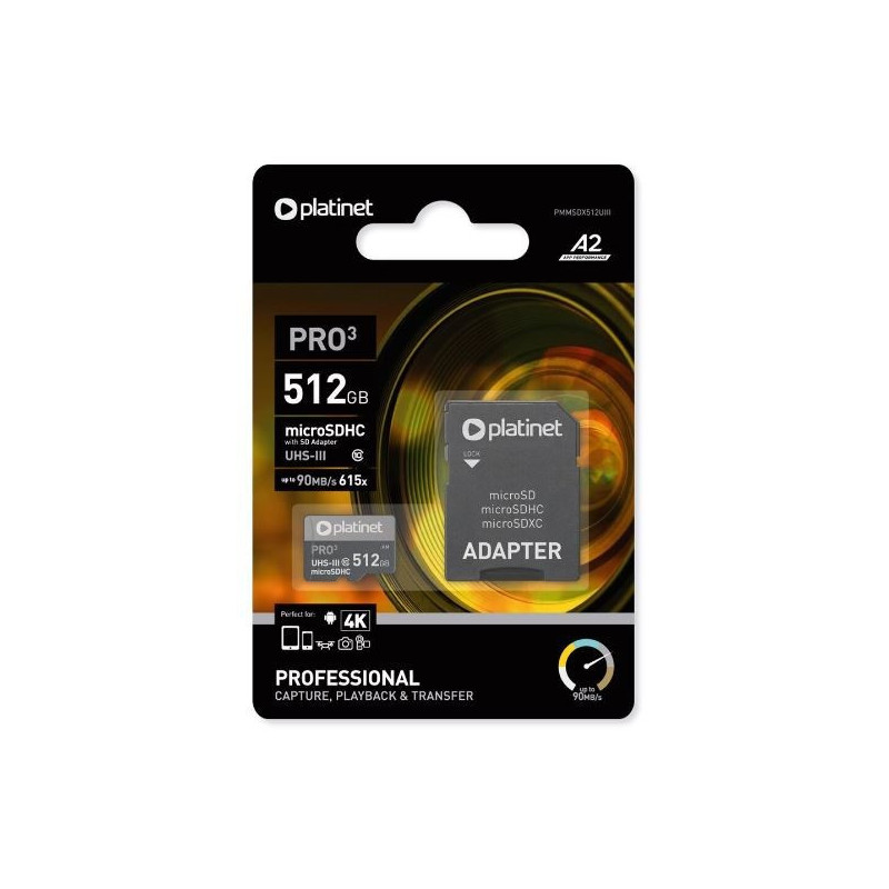 Atminties korta Platinet MicroSD 512GB (class10 UHS-III 90MB / S) + SD Adapteris