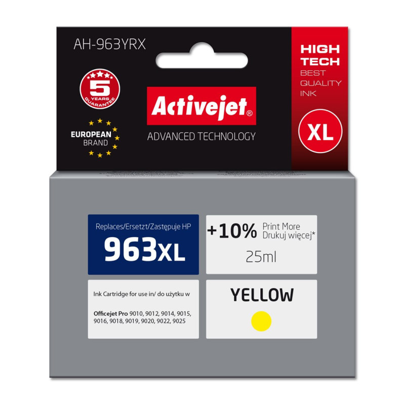 „Activejet AH-963YRX“ rašalo kasetė (pakeičia HP 963XL 3JA29AE Premium kasetę, 1760 puslapių, 25 ml, geltona)