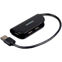 Handy four-port USB 2.0 hub with a permanently connected USB cable. Black.