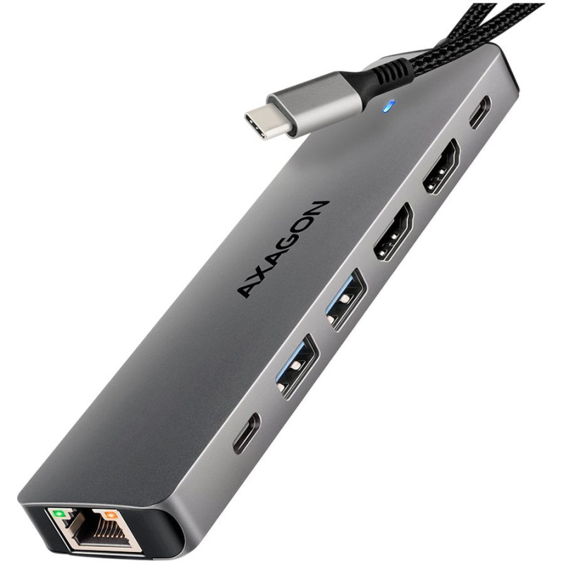 AXAGON HMC-7HX2 USB-C 3.2 Gen 1 hub, 2x USB-A + 1x USB-C, 2x HDMI 4K 60Hz, GLAN, PD 100W, 15cm USB-C cable