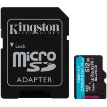 KINGSTON 512GB microSDXC Canvas Go Plus Gen4 200MB / s A2 U3 V30 kortelė + adapteris