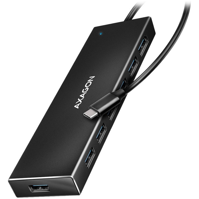 „Axagon“ septynių prievadų USB 3.2 „Gen 1“ šakotuvas su įkrovimo palaikymu. Jungtis išoriniam maitinimo šaltiniui. 30 cm