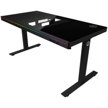 Dual-motor sit / stand adjustable-height gaming desk with built-in PC case, wireless charger, RGB lighting, control pane